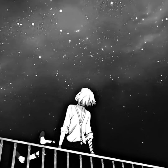 juzorei's avatar: a figure sitting on a railing under a starry sky